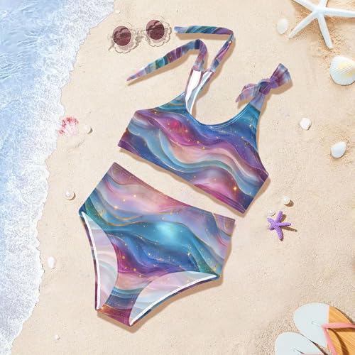 Liquid Blue Rainbow Girls Bathing Suit Set High Waisted 2 Piece Swimwear Toddler Girls Swimming Suit 3T4