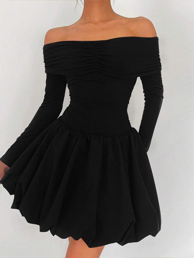 LAGSHIAN Women's Off Shoulder Mini Bubble Dress Long Sleeve Cute Drop Waist A Line Party Dresses - Image 5