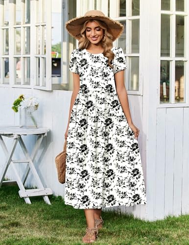 Image of Zeagoo Summer Dresses for Women 2026 Maxi Bohemian Floral Short Sleeve Long Dress Casual Flowy Tired Beach Sundress