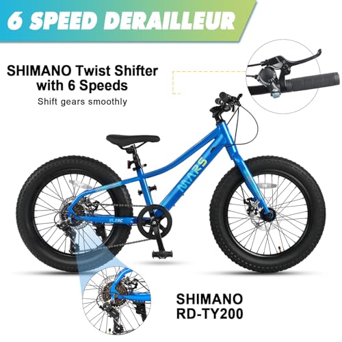 Glerc Mars Kids Mountain Bike, 20 Inch Fat Tire Bike for Teen Ages 6-12 Year Old, Bicycle with 2.8-Inch Wide Tires and 6 Speed Drivetrain, Blue - Thumbnail 3