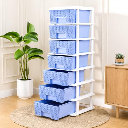Image of KITCHIVO Plastic Modular Drawer Storage Chest Of Drawers Organizer Storage Box, Large Stomo Racks For Multipurpose Anti-slip Shoes Organizers (White & Sky Blue, 7 Layer)