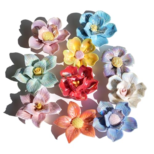 Lanyani 10 Pieces Iridescent Ceramic Blossom for Mosaic Crafts, Mixed Bright Color Porcelain Floral Flower Mosaic Tiles Embellishments for Art Craft