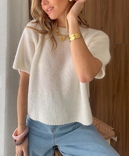Women's Furry Solid Cropped Sweater Short Sleeve Soft Fuzzy Sweater T Shirt Loose Casual Knit Pullover Top3