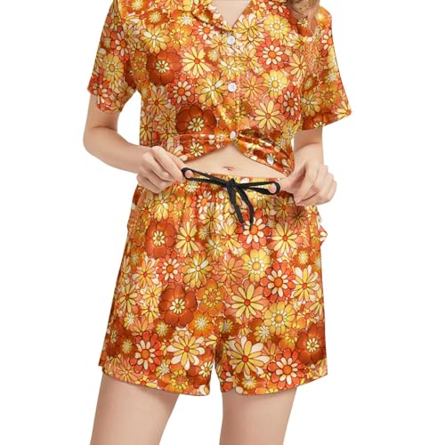 Image of Funny Satin Pajamas Set for Women Button Down Sleepwear Print Pjs Set 2 Piece Short Sleeve Loungewear Gift for Women