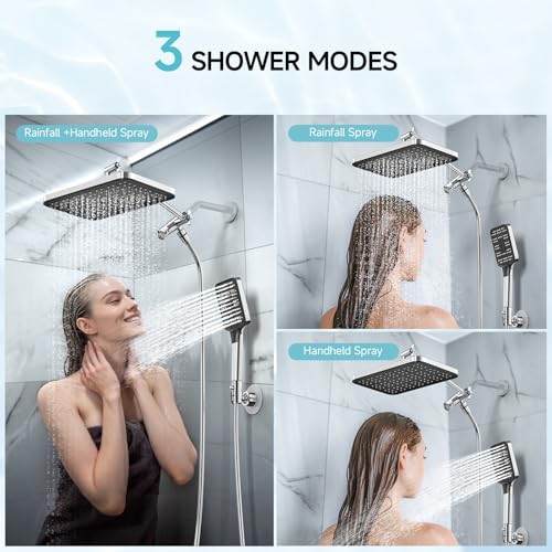 Image of High Pressure Rain Shower Head with Handheld Spray Combo Set, Adjustable 12 inch Rainfall Dual Shower Head, Double&Tandem Shower Head, Waterfall Showerhead Bathroom -Silver Chrome