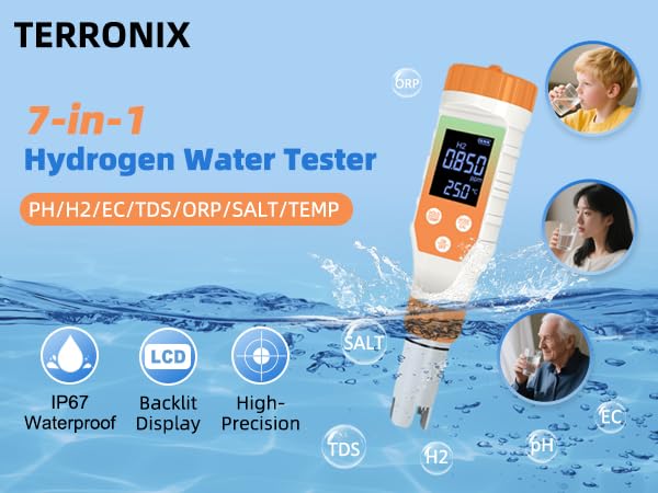 Image of 7-in-1 Digital Water Quality Tester - ph Meter, pH TDS EC ORP Salt Temperature Meter, Portable Testing Kit with Digital Display