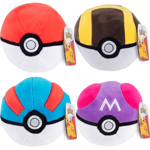 Pokemon 5' Poké Ball Plush 4-Pack - Pokeball, Great, Ultra, Master - Officially Licensed - Soft Stuffed Toy with Weighted Bottom - Gift for Kids, Boys, Girls - 2+