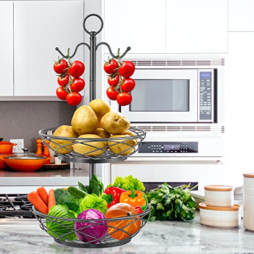 Fruit Basket - 2 Tier Fruit Bowl With Banana Hanger For Kitchen Counter Fruit Holder - Elegant Black #TOP1