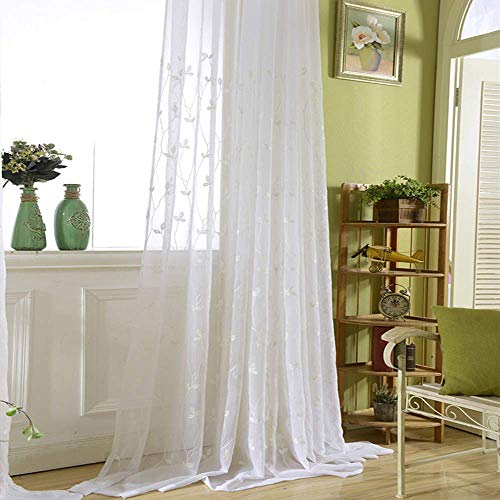 Alifish Pastoral Emberidered Tree Leaves Rod Pocket Decorative Home Fashion Sheer Curtians Window Treatment/Gauze/Voile/Tulle/Drapes For Living Room/Dining Rom 1 Panel W39 X L63 Inch #TOP4