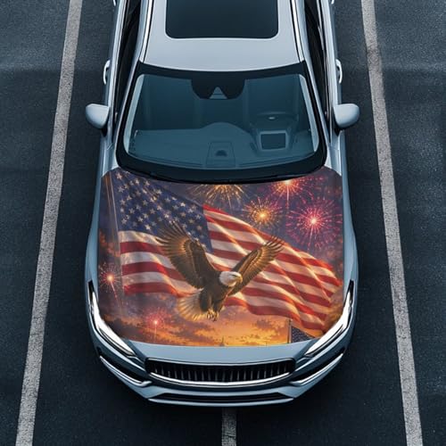 Image of Patriotic Eagle Flag Car Hood Cover Weather-Resistant Automotive Hood Covers Elastic Fabrics Car Bonnet Banner Outdoor Indoor Foldable Protective Cover