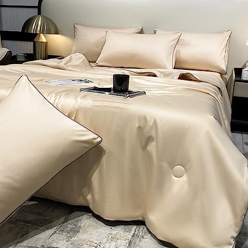 Summer Simple Ice Silk Quilt, 2023 New Cool and Comfortable Washable Ice Silk Simple Air Conditioning Comfoter Quilt Blanket Easy to Clean Suitable for All Ages and Skin Types (Khaki, 150*200CM)