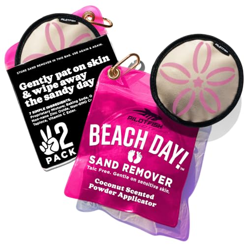 Pilotfish Beach Essentials Sand Remover Bag, Gentle Skin-Friendly Formula with 7 Natural Ingredients + Coconut Oil, Talc-Free Sand Removal Beach Accessories, Must Haves, Gifts for Women (2-Pack)
