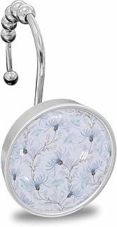 Shower Curtain Hooks Decorative, Blue Flowers Shower Curtain Rings Stainless Steel, Watercolor Botanical Floral Vines Plants Bathroom Accessories Rod Hangers for Curtains/Clothing 12Pcs