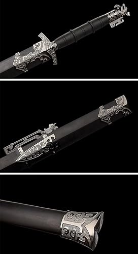 Miniatura 8 de Espada china, gran Han jian, espadas de entrenamiento reales (hoja grabada de acero al carbono forjado, accesorios de aleación, vaina de madera