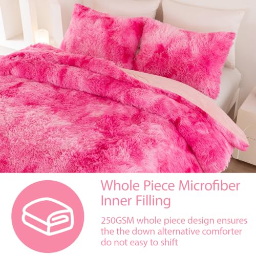 Image of Plush Shaggy Fluffy Comforter Set King Size Pink Rainbow Faux Fur Bedding Set for Girls Women 3 Pieces Tie Dye Soft Fuzzy Bed Set for Bedroom Decor(Pink White Ombre, King)