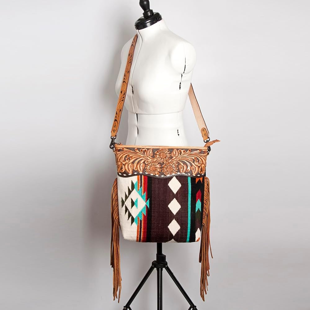 American Darling Signature Cross Body Bag Hand Tooled Floral Carved Leather Woven Saddle Blanket Fringes Genuine Leather