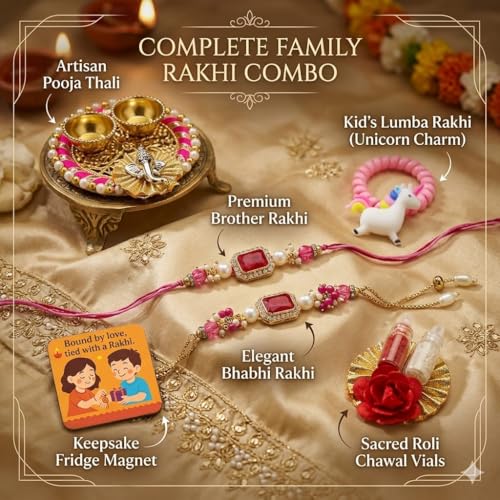 Image of SAUDEEP INDIA Decorative Fridge Magnet for Refrigerator Decor | Free Family Rakhi Set for Bhaiya Bhabhi Kid | Raksha Bandhan Gift Combo | Cotton Thread Rakhi Festive Gift Home Decor(Family Combo)