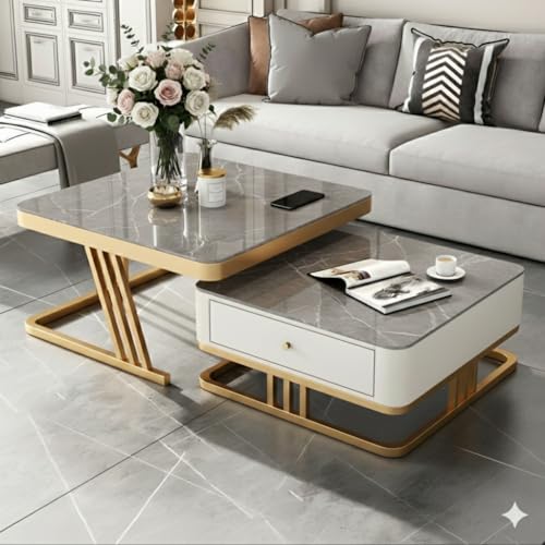 Image of Handmade Drawer Square 20 inchx20 inch Coffee Table /Nesting Table /Side Table /Center Table with Marble Finish Top for Living Room /Drawing Room (Gold & Grey)