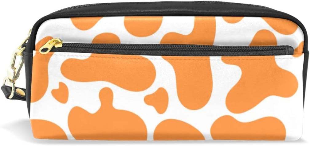 Samau ペンケース おしゃれ 牛柄 オレンジ色 筆箱 かわいい 大容量 ペンポーチ 革 スリム 女の子 男の子 小学生 中学生 高校生 大人 多機能 文房具 プレゼント対応 全国総量無料で