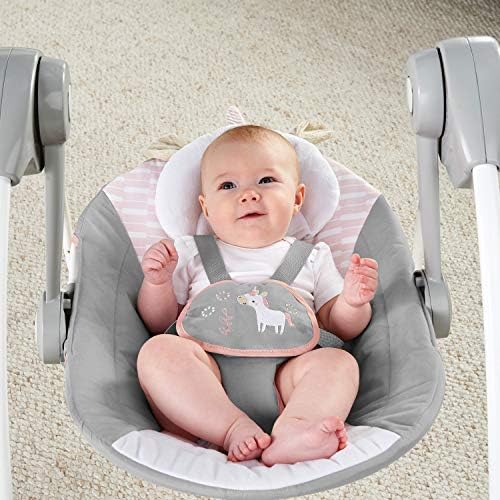 Ingenuity, Comfort 2 Go Compact Portable Baby Swing Flora The Unicorn - 6 Swing Speed, 12 Soothing Melodies, Removable Toy Bar, Folds for Easy Travel, Newborn 0-9 Months, 9 kg Max, Pink