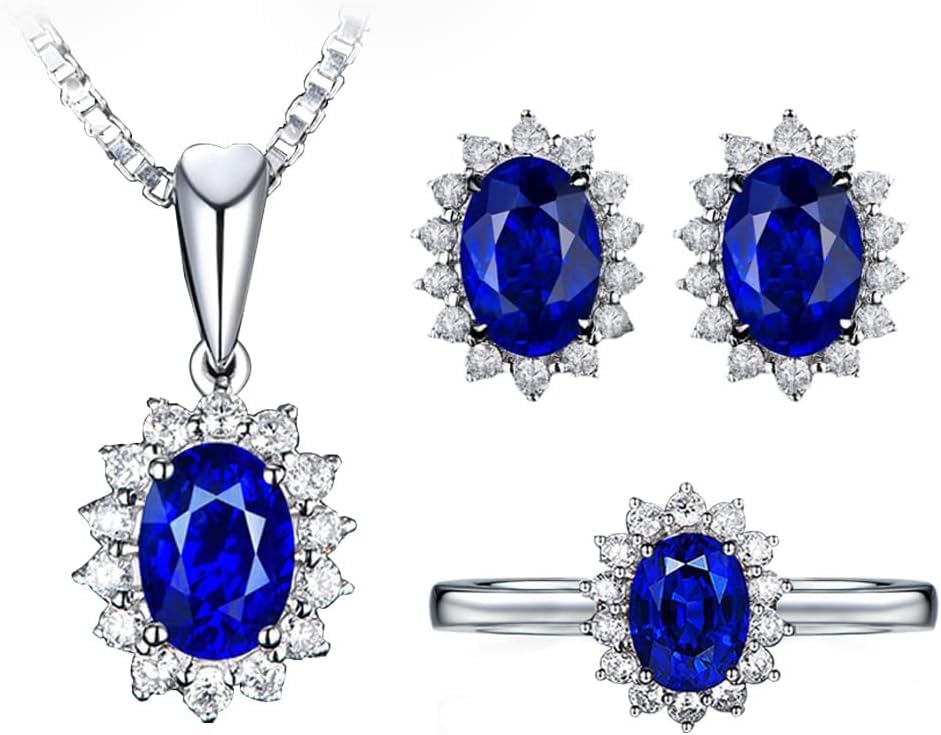 Oval Halo Gemstone Jewelry Collection Necklace Earrings Ring Set Sterling Silver Cubic Zirconia Elegant Bridal Accessories