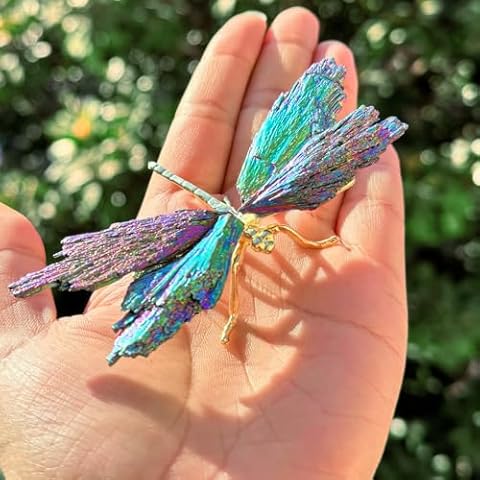 RJINGSHI Natural Tourmaline Dragonfly Statue - Electroplated Gold Healing Crystal Decor, Small Colorful Figurine for Home, Office Desk for Women (Gold Colorful,Small Size) Cover