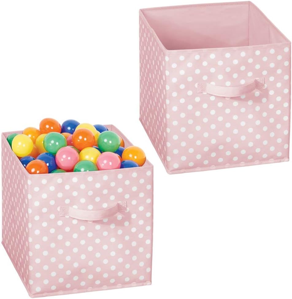 mDesign Soft Fabric Closet Storage Organizer Cube Bin Box, Handle - Storage for Baby Child/Kids Room, Nursery, Toy Room, Furniture Units, Shelf - 12.75" High, 2 Pack - Light Pink/White Polka Dots