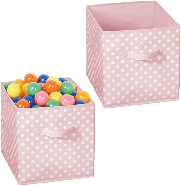 mDesign Set of 2 Storage Box Made of Fabric Nursery Cupboard Organiser for Clothes and Accessories Compact Fabric Box for The Children's Room with Polka-Dot Pattern Light Pink/White
