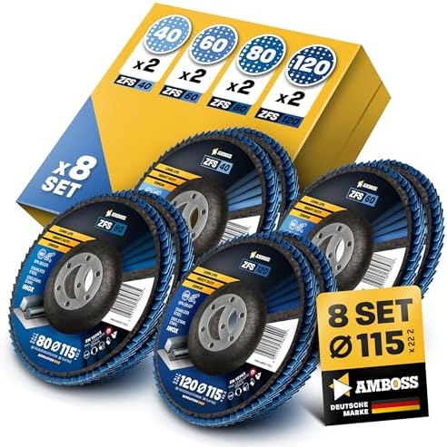 10x Fächerscheibe Ø115mm K60 für Stahl/Edelstahl - Polieren Entroster Kehlnaht schleifen - AMBOSS Werkzeuge ZFS Lamellenschleifscheibe blau Winkelschleifer - Profi Zirkon Schleifmo