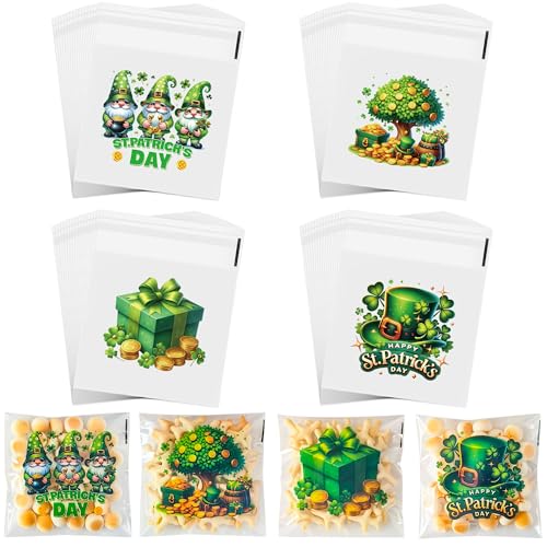 ZYLOP Self-Sealing St. Patricks Cookie Bags – 100PCS 4x4 Inch Green Shamrock Cellophane Treat Candy Goodie Bags, Clear Self-Adhesive Gift Bags for Irish Party, Classroom, Bakery, Holiday Favors