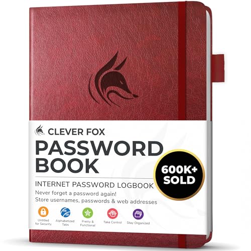 Clever Fox Password Book with alphabetical tabs. Internet Address Organizer Logbook. Small Pocket Password Keeper for Website Logins (Wine Red)