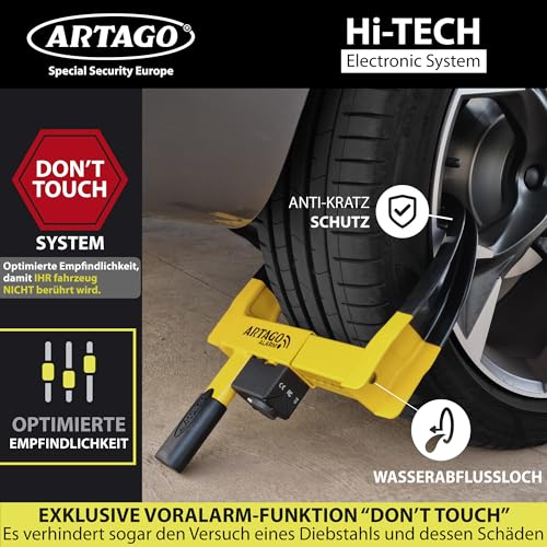ARTAGO ART872 Hochwertige Radkralle 2in1 Ohne/Mit Alarm 120dB+LED, Die Sicherste Parkkralle, Patentiert, Rostgeschützt, Wegfahrsperre Reifenkralle für Auto Wohnmobil Wohnwagen Anhänger