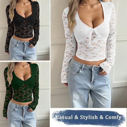 Top court en maille fleurie Y2K look transparent vintage chic haut dentelle manches longues