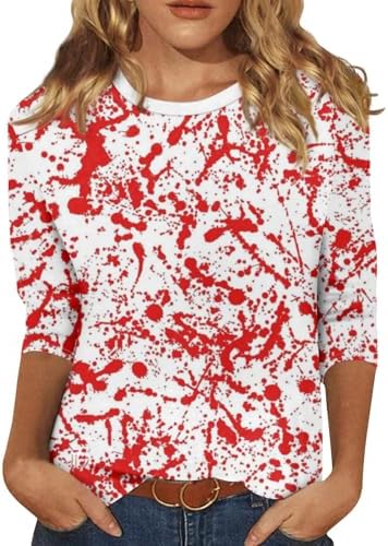 Shirt Halloween 3/4 Length Sleeve Bloody Shirt Crew Neck Funny Graphic Bloody Tops