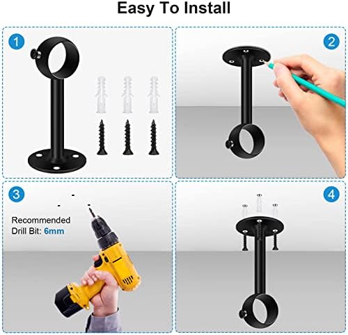 SEGNAYEN Ceiling Curtain Pole Brackets, 33mm Black Curtain Rod Holder Rail Brackets 2 Pack Heavy Duty Metal Curtain Pole Hangers Stainless Steel Closet Wardrobe Rod Bracket Supports with Screws