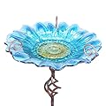 Bird Baths for Outdoors, Glass Birdbaths Outdoor Garden Birdfeeder with Metal Stake Blue (Height:31inch)