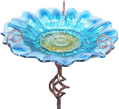 Bird Baths for Outdoors, Glass Birdbaths Outdoor Garden Birdfeeder with Metal Stake Blue (Height:31inch)