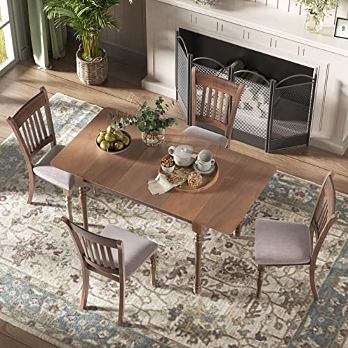 Giantex 5-Piece Dining Table Set, Solid Rubber Wood Farmhouse Kitchen Table Set W/Extendable Rectangular Table & 4 Upholstered Chairs, Kitchen Table And Chairs Set Dinette Set For 4-6 Persons #TOP6