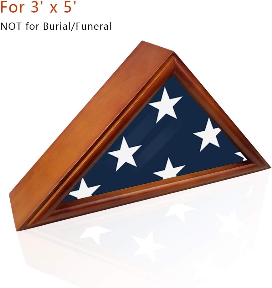 Wooden Flag Box Display Case for Small 3'x5' Folded American Flag (Not fit 9.5'x5' Burial Flag), Military Veteran Flag Shadow Box with HD Tempered Glass, Wall Mounted Triangle Flag Frame, Brown Finish