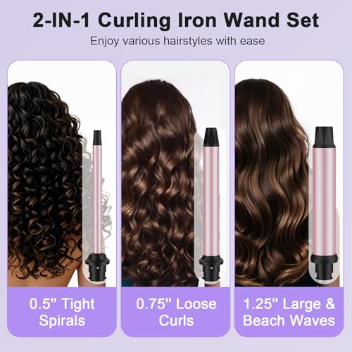 3 in 1 Curling Wand Set, Curling Iron Set with 3 Interchangable Ceramic Curling Wands (0.5”-1.25”), Fast Heating Up Hair Curler, Dual Voltage Wand Curling Iron — view 2