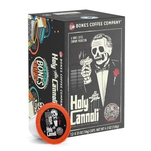 Bones Coffee Company Flavored Coffee Bones Cups Holy Cannoli Flavored Pods | 12ct Single-Serve Coffee Pods Compatible with Keurig 1.0 & 2.0 Keurig Coffee Maker