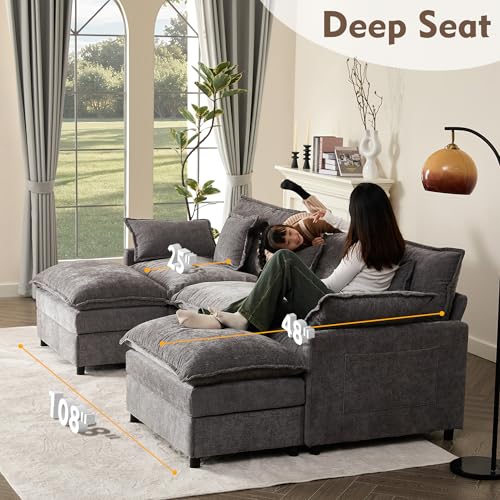 GOSUHI 108" U Shaped Couch, Modular Sectional Sofa, 3-Seater Comfy Cloud Couch, Set of Modular Pieces with Movable Ottoman, Deep Seat Couches for Living Room, Chenille, Slate