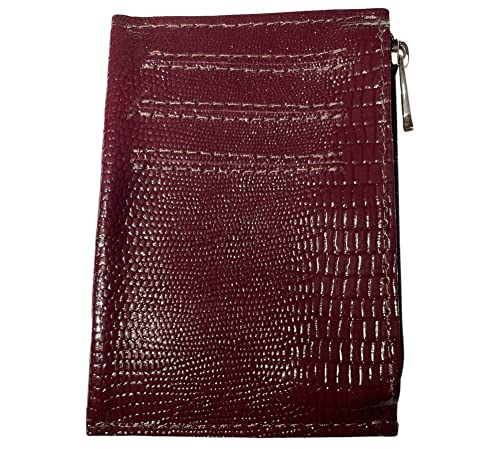 Real Leather Zipper Credit Card Holder - Handmade 100% Genuine Cow Leather Business Card Case Coin Purse Pocket Embossed Reptile Pattern - Lizard Burgundy