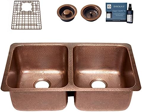 Sinkology K408-BD64 Rivera Undermount 32 in. Double Bowl Grid, Drains, and Care Kitchen Sink Kit, 32.25 inch, Antique Copper