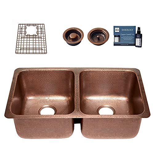 Sinkology K408-Bd64 Rivera Undermount 32 In. Double Bowl Grid, Drains, And Care Kitchen Sink Kit, 32.25 Inch, Antique Copper #TOP5