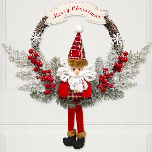 Kerstkrans van houtdecoratie, kerstaccessoires, hangende kerst van rotan, versierde open haard, muur, raam (kerstman) (46 x 46 cm)