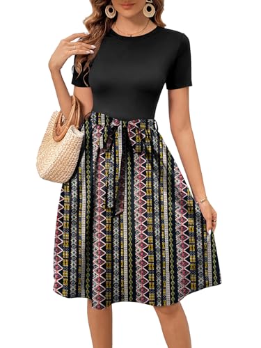 Image of Women's Elegant Vintage Round Neck Short Sleeve Summer Casual Work Party A-Line Dress with Belt 809