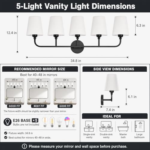 Image of Bathroom Vanity Light, Matte Black Bathroom Lighting Fixtures Over Mirror | 5-Light Bathroom Light Fixtures with Flared White Fabric Shade, E26 Socket (ETL Listed)