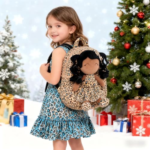 Image of Gloveleya Toddler Backpack Baby Girl Gifts Curly Hair Plush Figures Dress Backpack Kids Backpack Curly Hair Spring Girl - Black Leopard 9inches