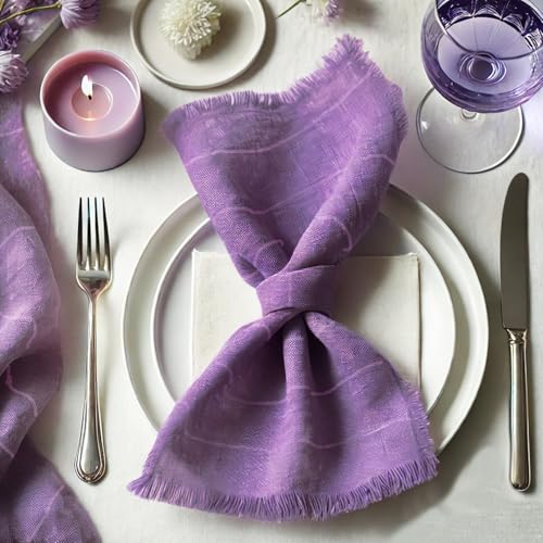 Vargottam 100% Cotton Muslin Cloth Napkins Set of 12 | 20"x20" Washable Table Linen with Self-Check Texture & Fringed Edges | Solid Color Napkins Perfect for Elegant Dining,Spring Celebrations -Purple